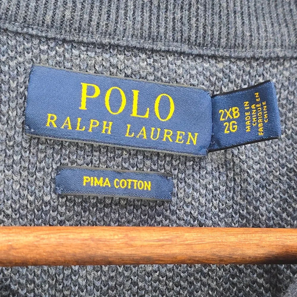 Polo Ralph Lauren 2XB Blue Pima Cotton Pique 1/4‎ Zip Knit Pullover Sweater